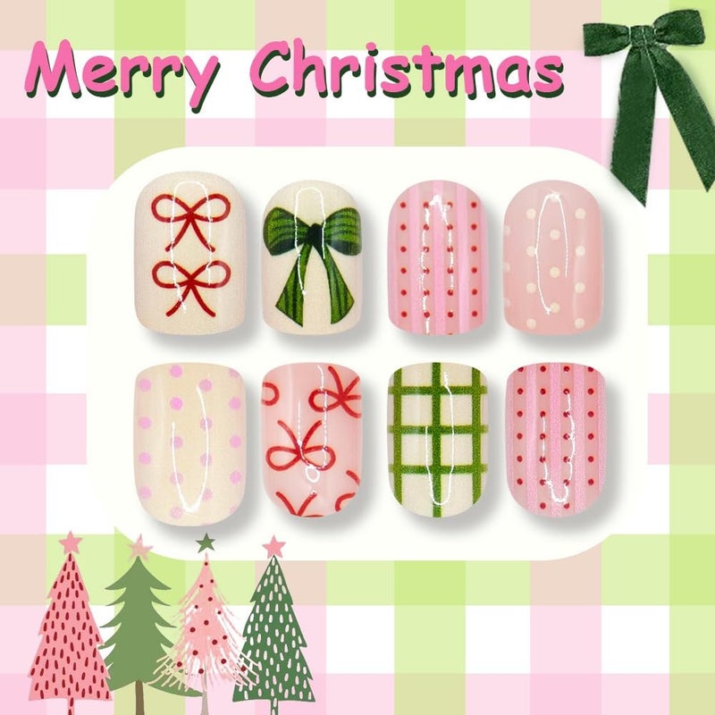 Sevgob Christmas Press on Nails Short Almond Fake Nails with Cute Red Green Bow Design Glossy Round Dot Nail Press ons Holly Fruit Glue on Nail Winter Xmas Holiday Christmas Nails for Women Manicure 24Pcs - Image 3